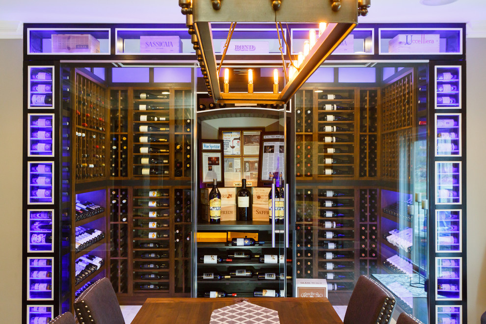 Medium sized contemporary wine cellar in New York with storage racks.