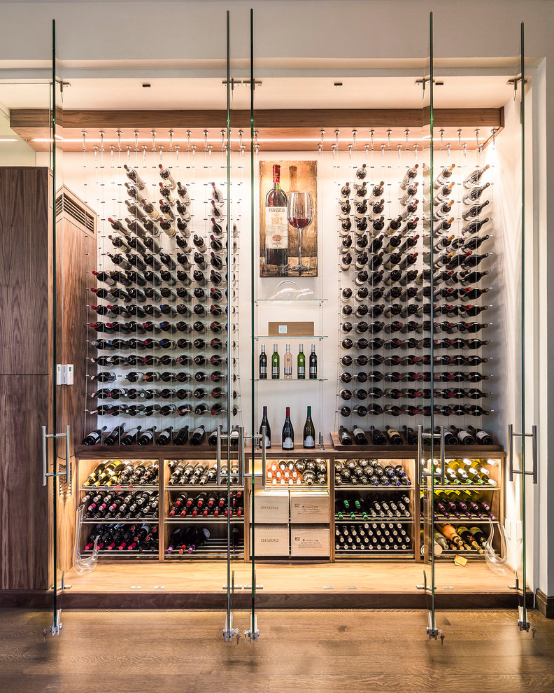 Trendy medium tone wood floor wine cellar photo in Toronto with storage racks