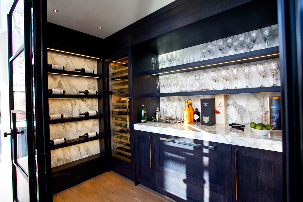 Inspiration for a medium sized contemporary wine cellar in Toronto with medium hardwood flooring and display racks.
