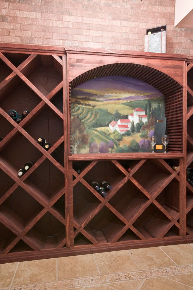 Idées déco pour une cave à vin montagne de taille moyenne avec un sol en carrelage de porcelaine et des casiers losange.
