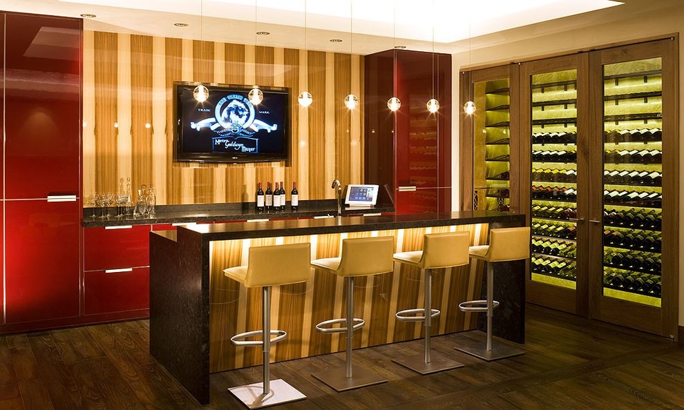 Diseño de bar en casa contemporáneo de tamaño medio con suelo de madera oscura