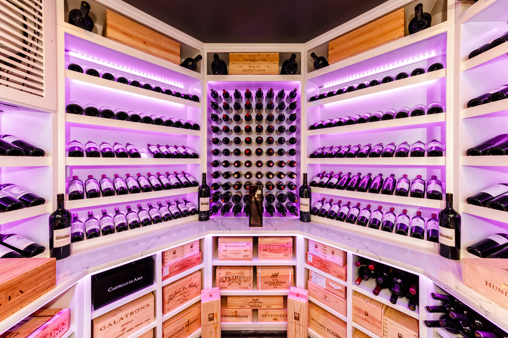 Cette image montre une grande cave à vin minimaliste avec un sol en carrelage de porcelaine, un présentoir et un sol multicolore.