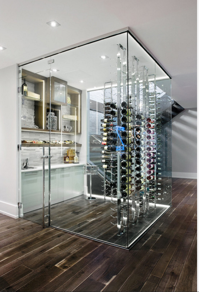 This is an example of a large modern wine cellar in Calgary with dark hardwood flooring and display racks.