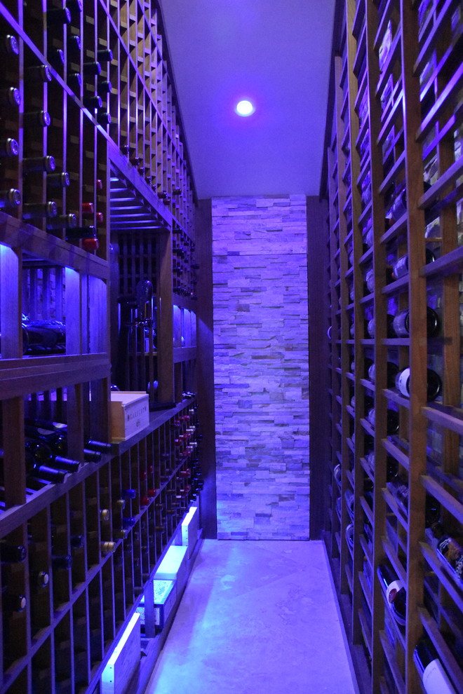Inspiration for a medium sized traditional wine cellar in Los Angeles with terracotta flooring and display racks.