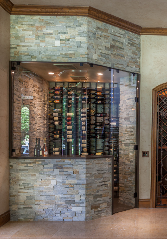 Inspiration for a small transitional porcelain tile wine cellar remodel in Dallas with storage racks
