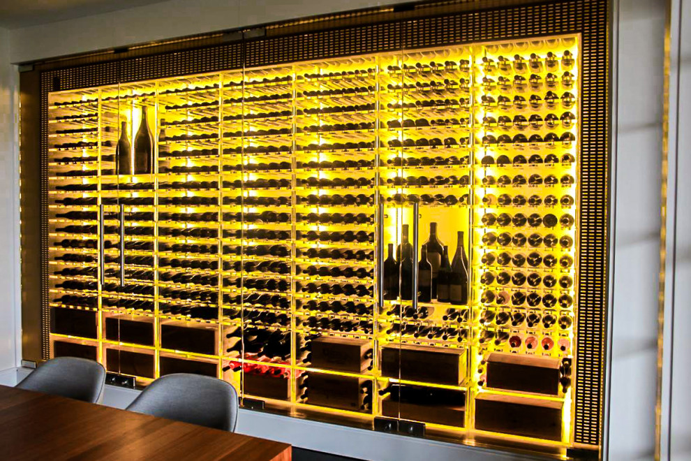Idée de décoration pour une cave à vin design de taille moyenne avec parquet foncé, des casiers et un sol marron.