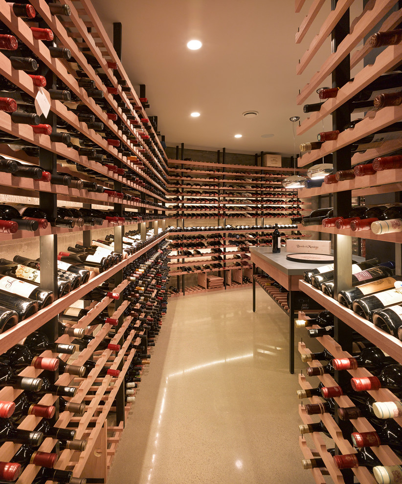 Cette image montre une très grande cave à vin minimaliste avec sol en béton ciré, des casiers et un sol marron.