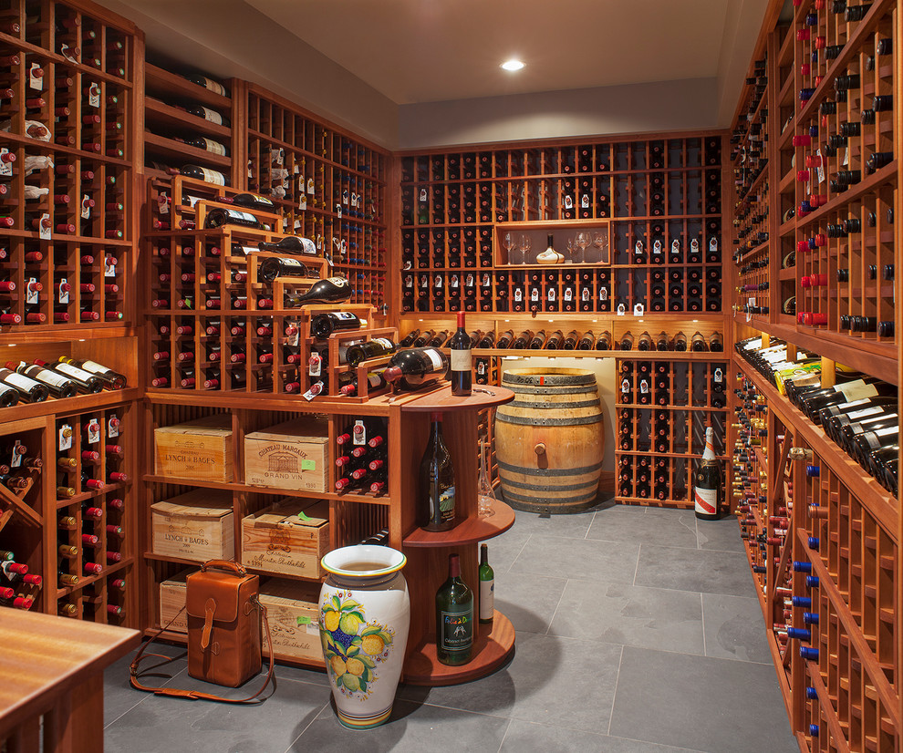 Design ideas for a medium sized contemporary wine cellar in Portland with slate flooring.