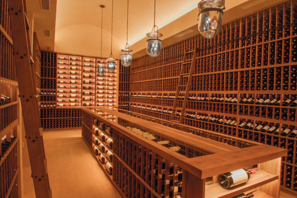 Expansive traditional wine cellar in San Francisco with ceramic flooring and storage racks.