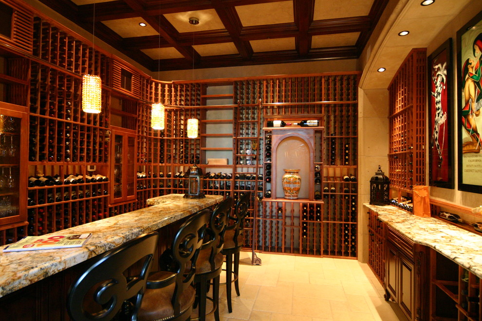 Wine cellar - huge traditional ceramic tile and beige floor wine cellar idea in Sacramento with storage racks