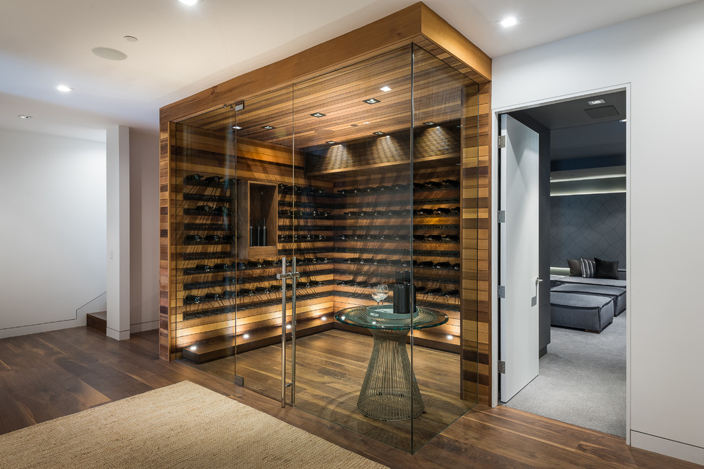 Contemporary wine cellar in Los Angeles with dark hardwood flooring, storage racks and brown floors.