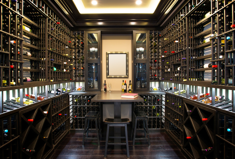Large classic wine cellar in Orange County with dark hardwood flooring, display racks and brown floors.