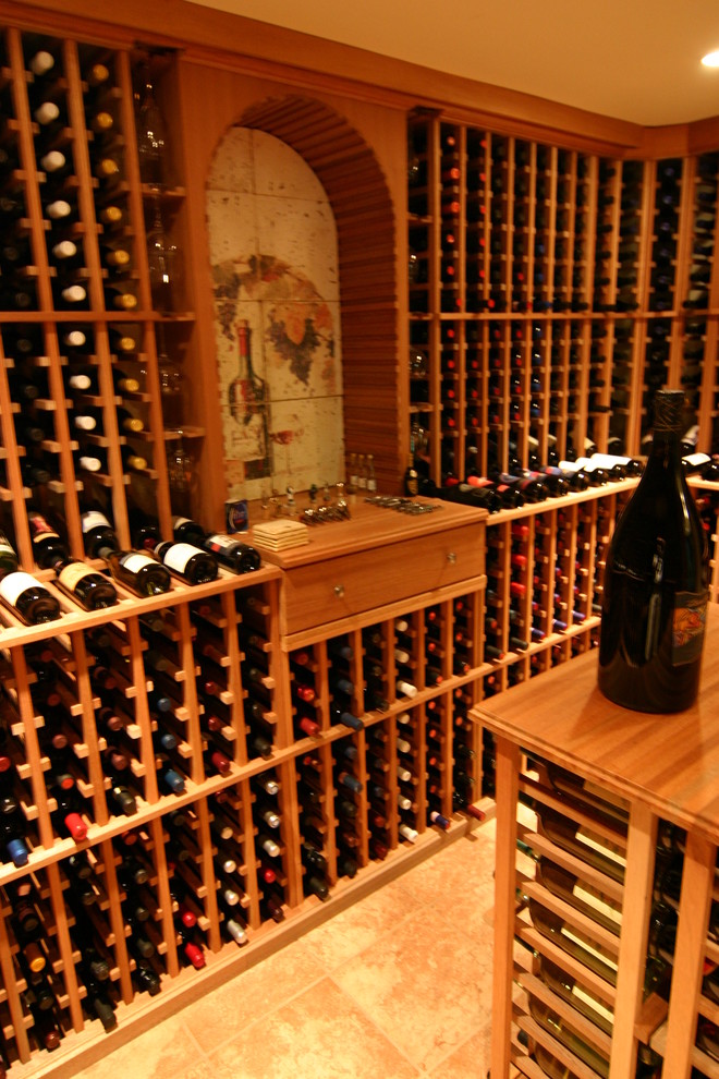 Design ideas for a medium sized rustic wine cellar in New York with ceramic flooring and storage racks.
