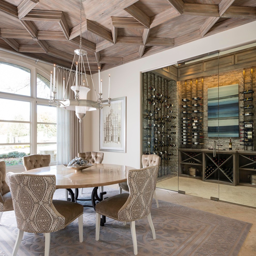 Design ideas for a mediterranean wine cellar in Dallas with display racks and beige floors.