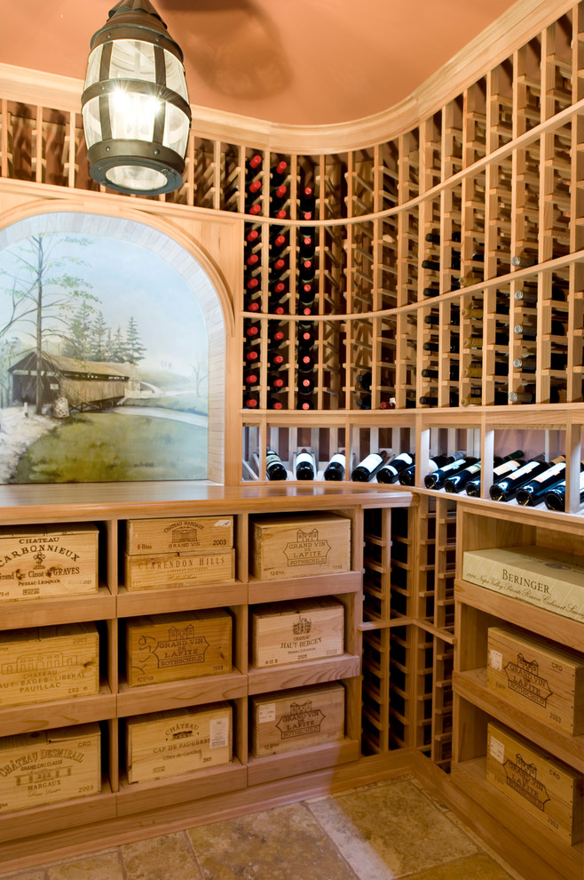 Inspiration for a rural wine cellar in Philadelphia with travertine flooring and storage racks.