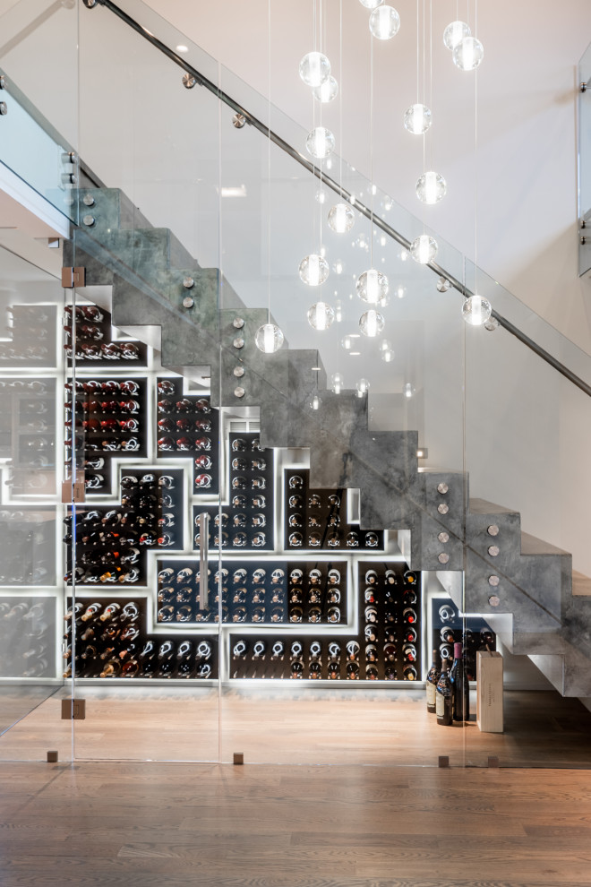 Photo of a contemporary wine cellar in Other with medium hardwood flooring, storage racks and brown floors.