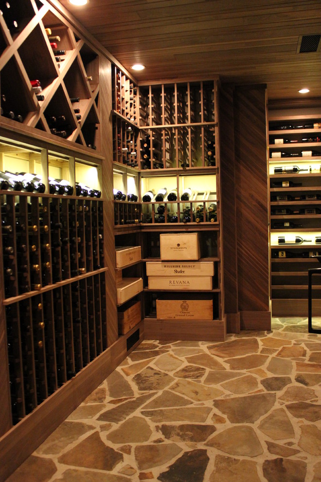 Stone Flooring and Unstained Black Walnut Wine Racks Traditional