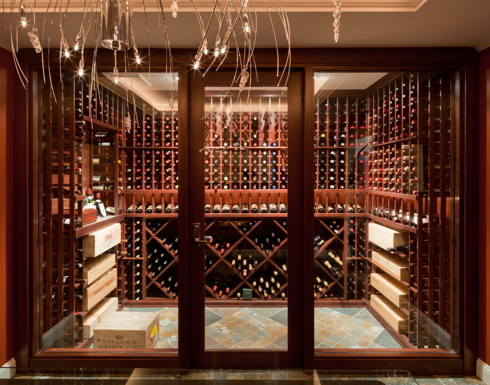 This is an example of a contemporary wine cellar in Boston.