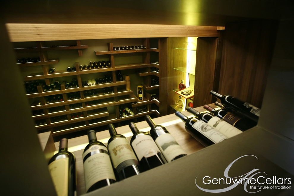 Cette photo montre une cave à vin moderne de taille moyenne avec des casiers.