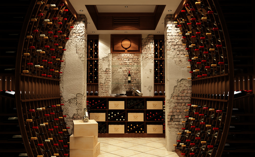 Elegant wine cellar photo in New York with storage racks