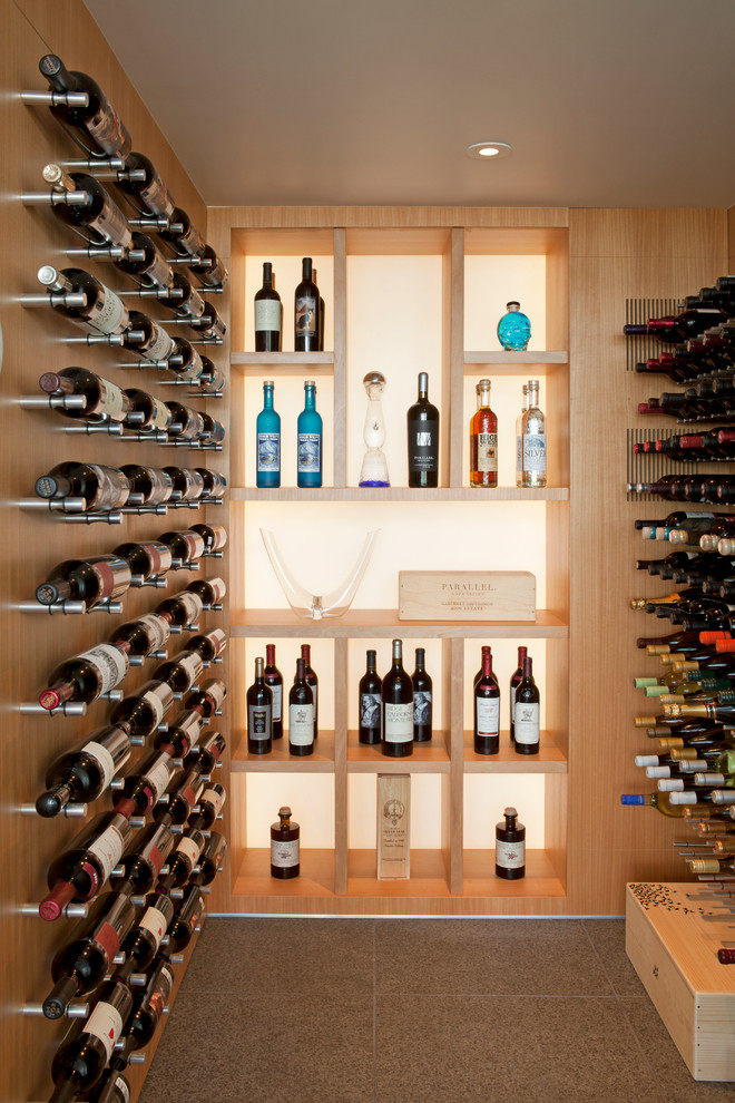 Inspiration for a small contemporary wine cellar in San Diego with storage racks.