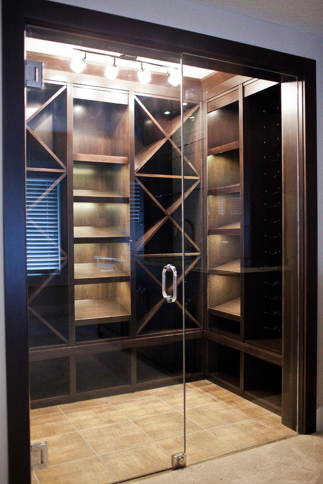 This is an example of a contemporary wine cellar in Calgary.