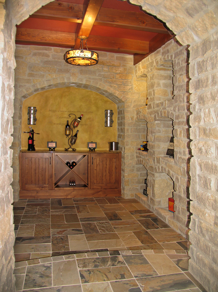 Photo of a medium sized rustic wine cellar in Other with porcelain flooring and storage racks.