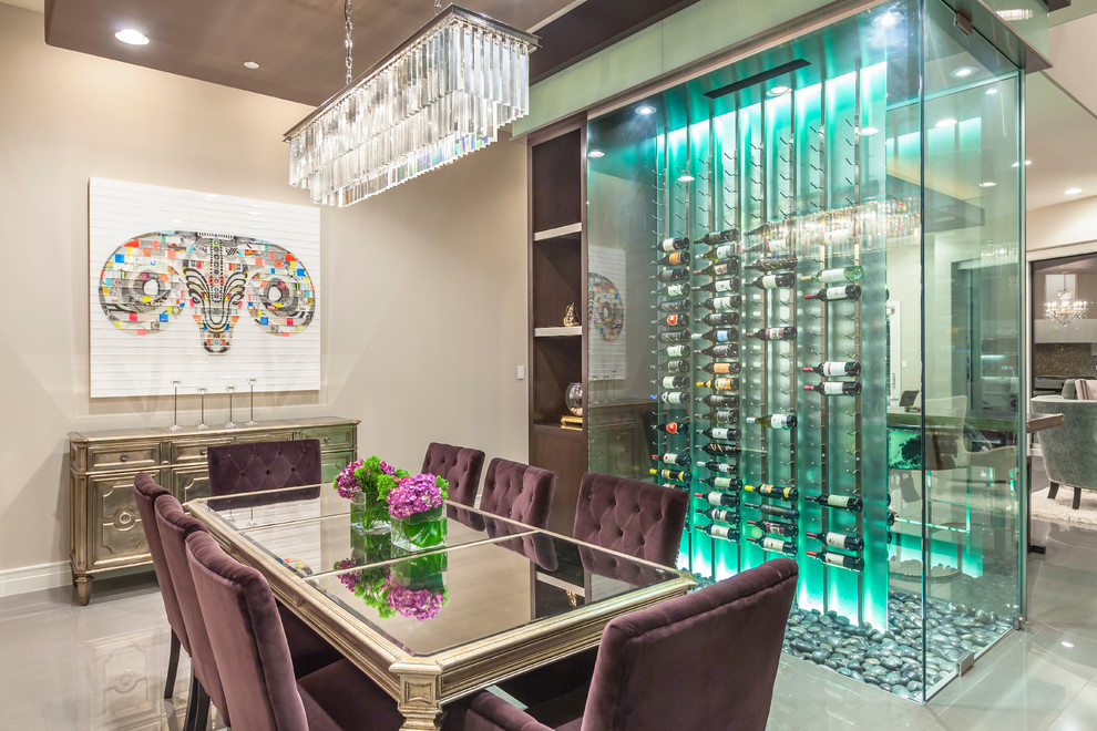 Example of a mid-sized trendy porcelain tile and gray floor wine cellar design in Las Vegas with storage racks