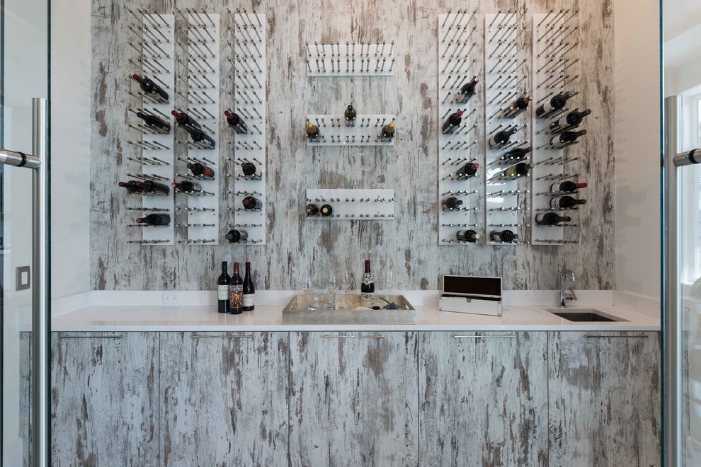 Medium sized contemporary wine cellar in Orlando with storage racks and a feature wall.