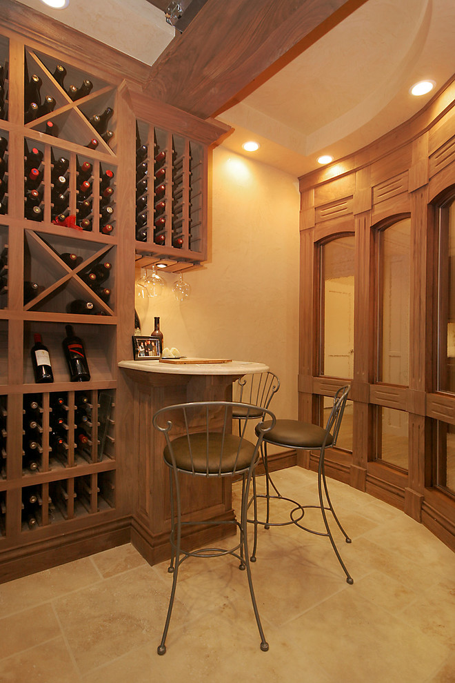 Example of a large classic carpeted and yellow floor wine cellar design in Chicago with storage racks