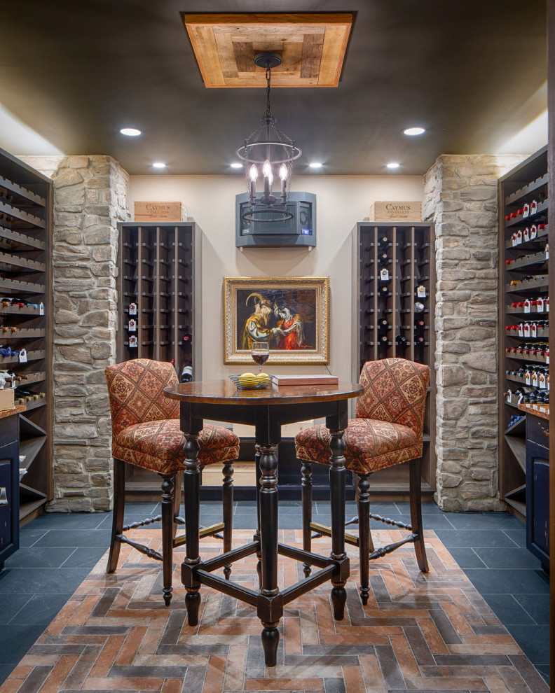 Inspiration for a medium sized rustic wine cellar in Columbus with porcelain flooring and multi-coloured floors.