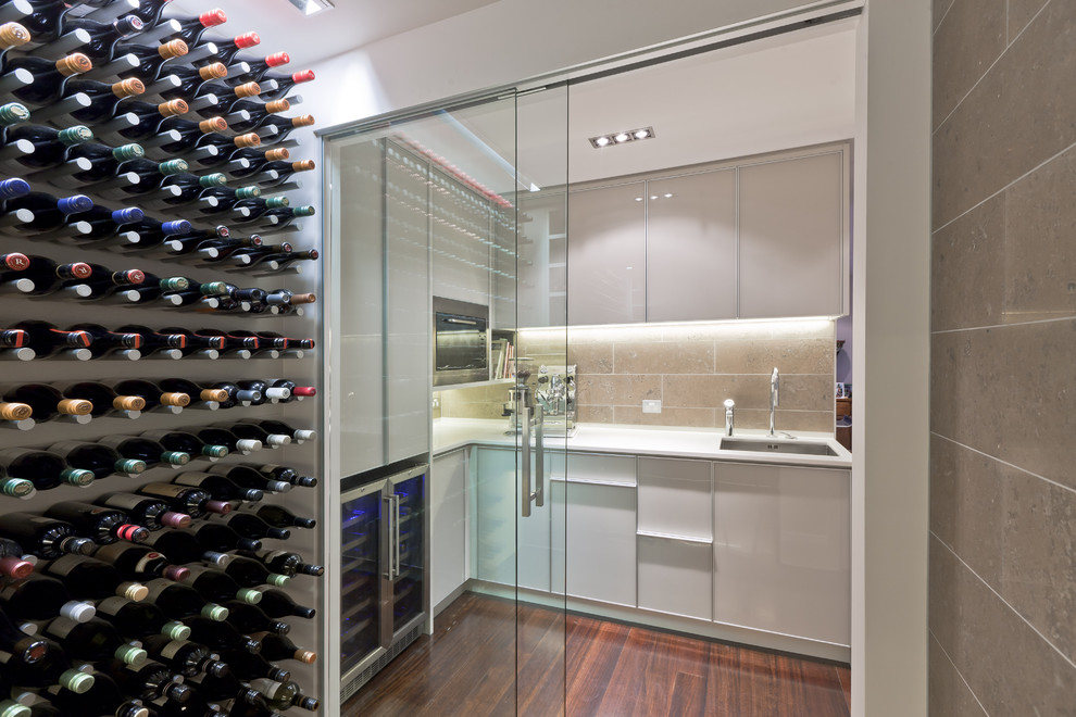 Design ideas for a small contemporary wine cellar in Auckland with dark hardwood flooring, storage racks and red floors.