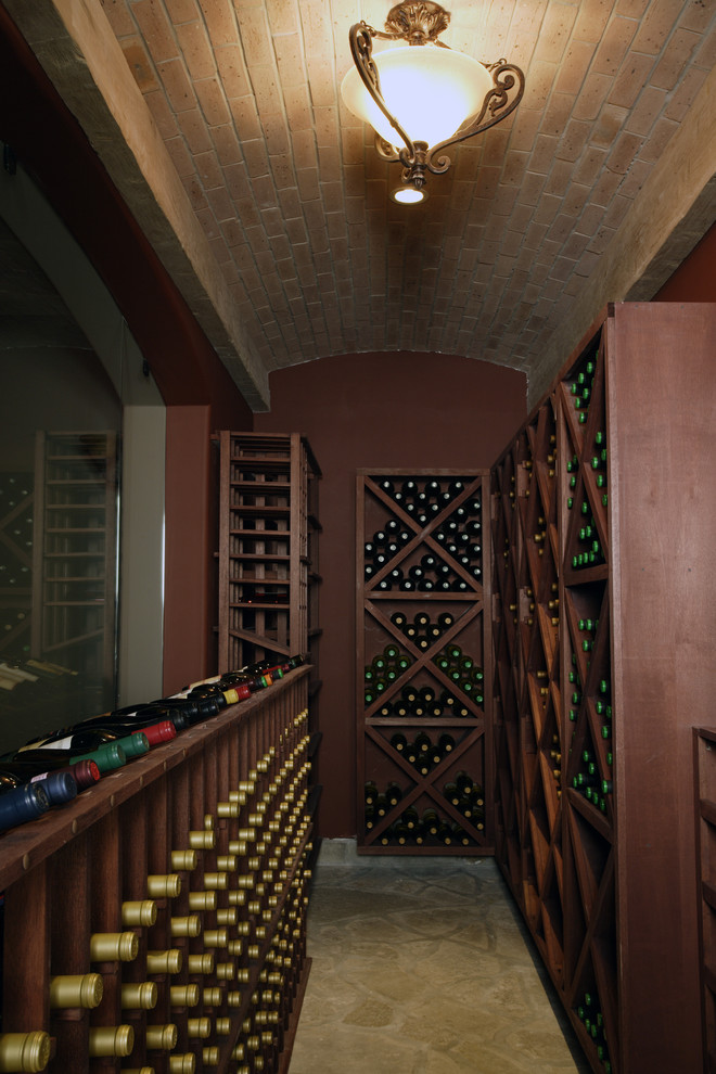 Wine Cellar with Barrel Vaulted Brick and Beam Ceiling Traditional