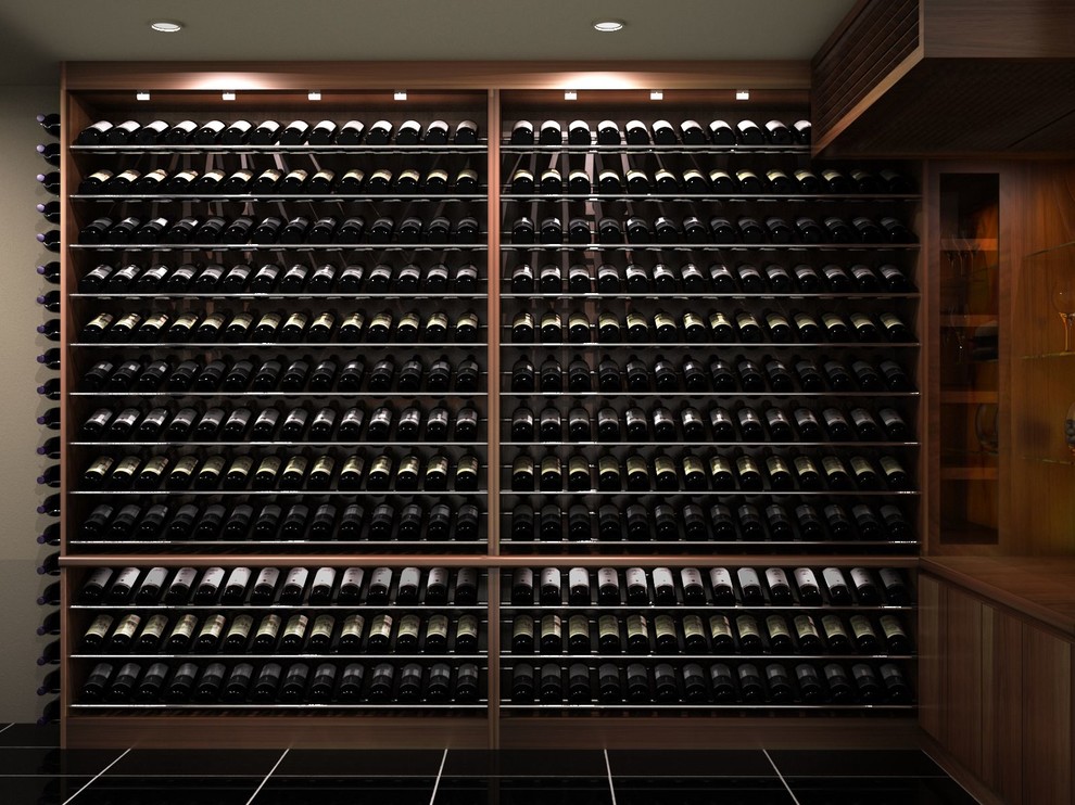 Cette image montre une cave à vin minimaliste de taille moyenne avec des casiers.