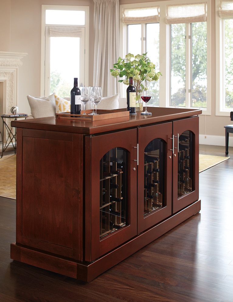 Wine Credenza Island in Classic Cherry Contemporary Wine Cellar