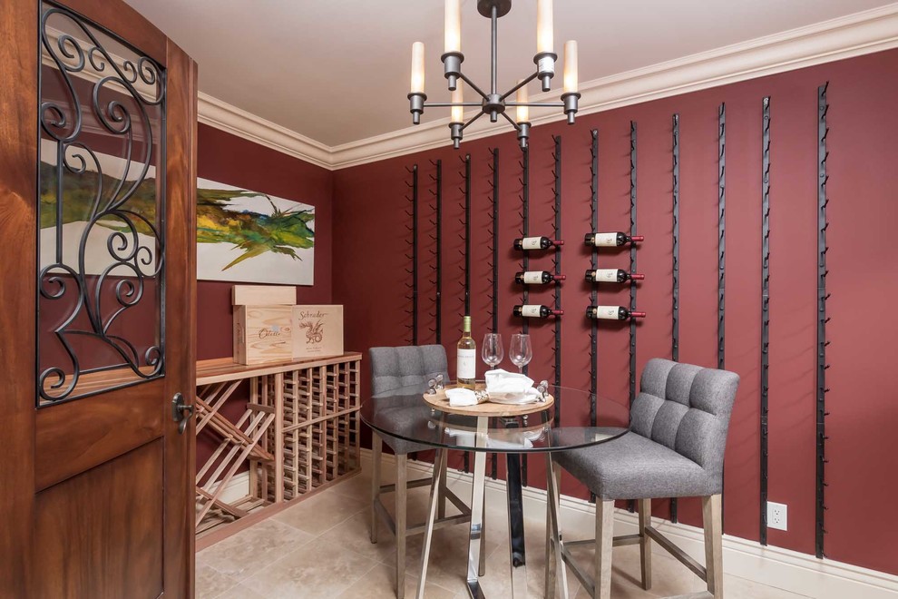 Design ideas for a small classic wine cellar in San Francisco with travertine flooring, display racks and beige floors.