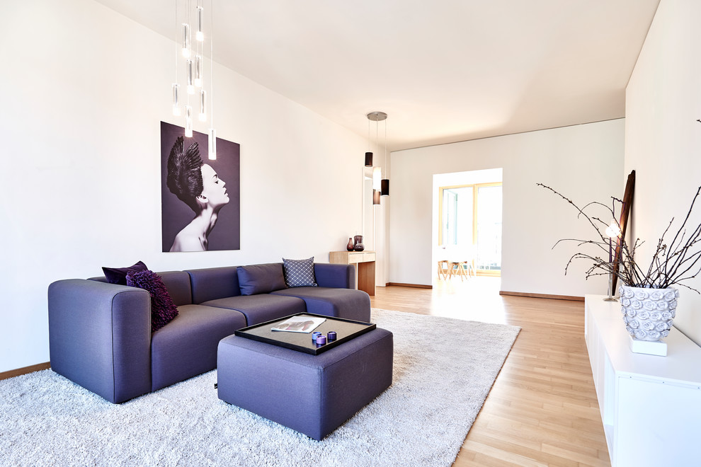 Diseño de sala de estar cerrada nórdica de tamaño medio con paredes blancas, suelo de madera en tonos medios y suelo marrón