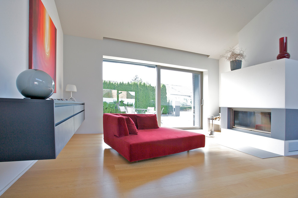 Großes, Fernseherloses, Abgetrenntes Modernes Wohnzimmer mit grauer Wandfarbe, hellem Holzboden, Gaskamin und verputzter Kaminumrandung in Sonstige