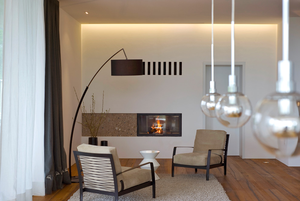 Modernes Wohnzimmer mit weißer Wandfarbe, braunem Holzboden, Kaminumrandung aus Stein und braunem Boden in Sonstige