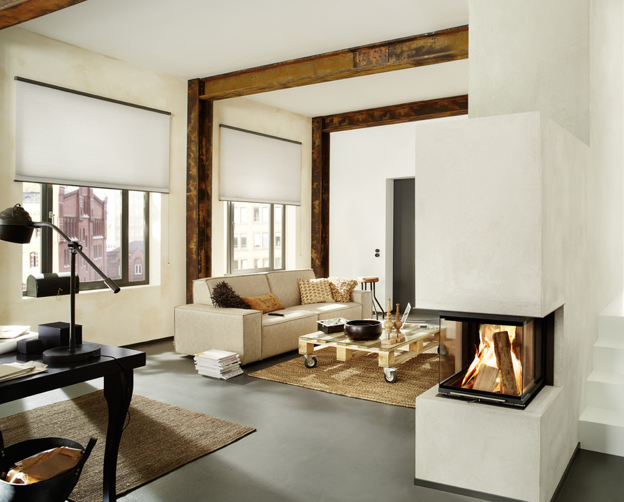 Living room - small contemporary formal and open concept living room idea in Cologne with a concrete fireplace, white walls and a corner fireplace