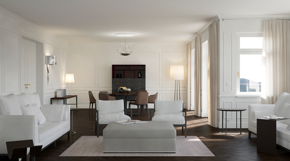 Стильный дизайн: большая открытая гостиная комната в стиле неоклассика (современная классика) с белыми стенами и темным паркетным полом - последний тренд