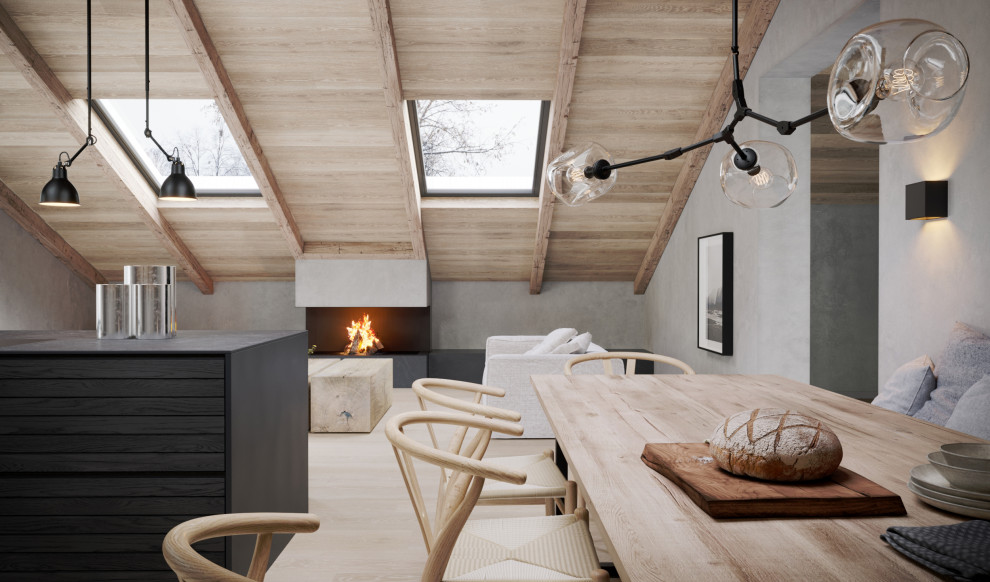 Großes, Offenes Modernes Wohnzimmer mit grauer Wandfarbe, hellem Holzboden und freigelegten Dachbalken in Frankfurt am Main