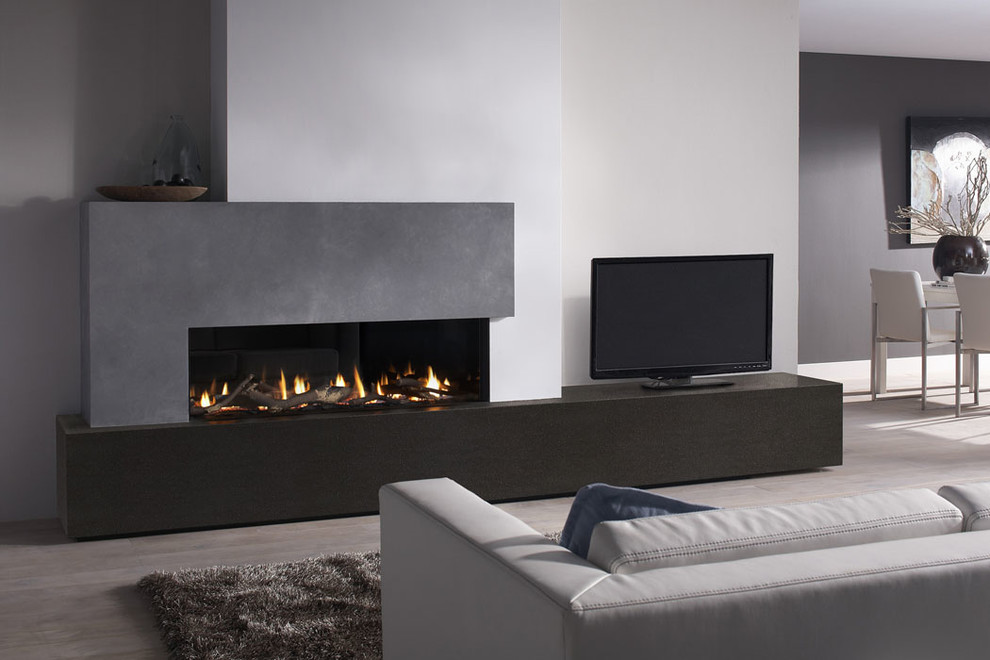 Photo of a large contemporary formal open plan living room in Nuremberg with white walls, light hardwood flooring, a standard fireplace, a concrete fireplace surround, no tv and grey floors.