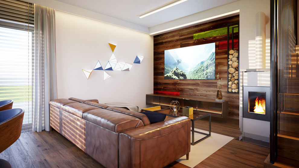 Esempio di un soggiorno contemporaneo con pareti bianche, pavimento in legno massello medio, camino classico, TV a parete e pavimento marrone