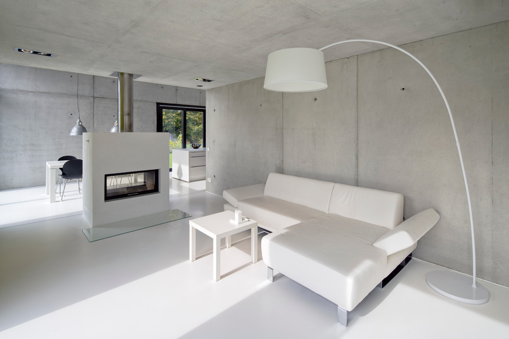 Immagine di un soggiorno moderno di medie dimensioni e aperto con camino bifacciale, pareti grigie e cornice del camino in intonaco