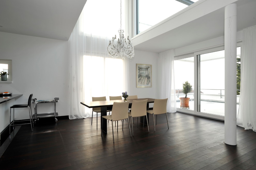 Geräumiges Modernes Esszimmer mit weißer Wandfarbe, dunklem Holzboden und braunem Boden in Sonstige