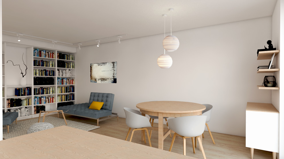 Diseño de salón abierto actual de tamaño medio con paredes blancas, suelo de madera clara y televisor colgado en la pared