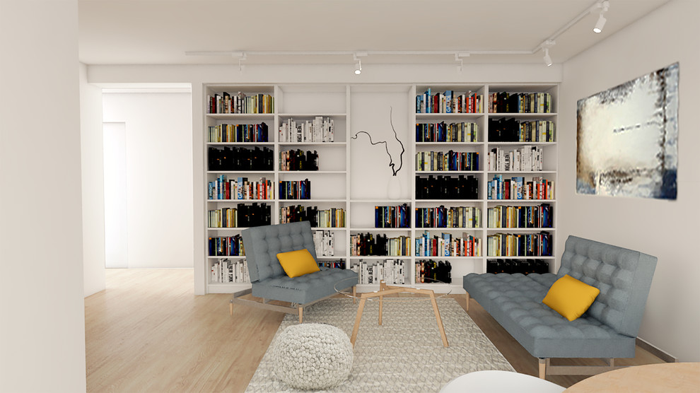 Mittelgroßes, Offenes Modernes Wohnzimmer mit weißer Wandfarbe, hellem Holzboden und TV-Wand in Leipzig