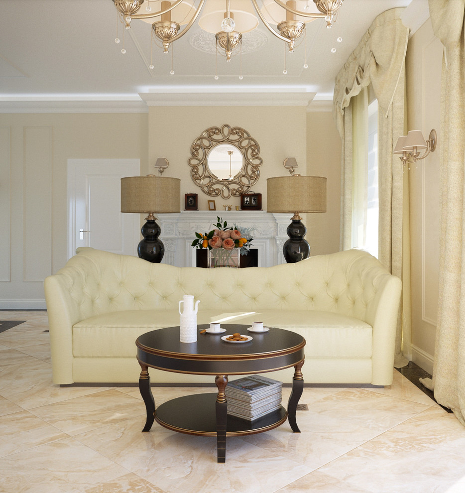 Idee per un grande soggiorno tradizionale aperto con pareti beige, pavimento in marmo, camino classico, cornice del camino in pietra e TV a parete