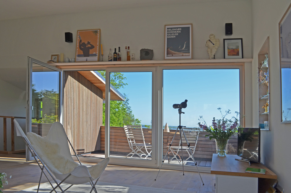 Идея дизайна: двухуровневая гостиная комната в скандинавском стиле